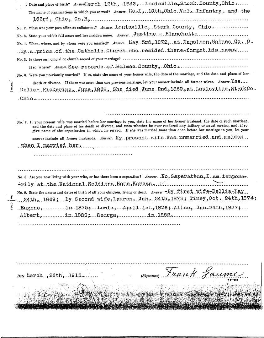 Affidavit signed by Frank Gaume in 1915